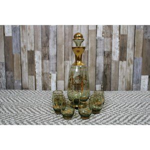 Vintage Glass Decanter Set With 5 Matching Shot Glasses